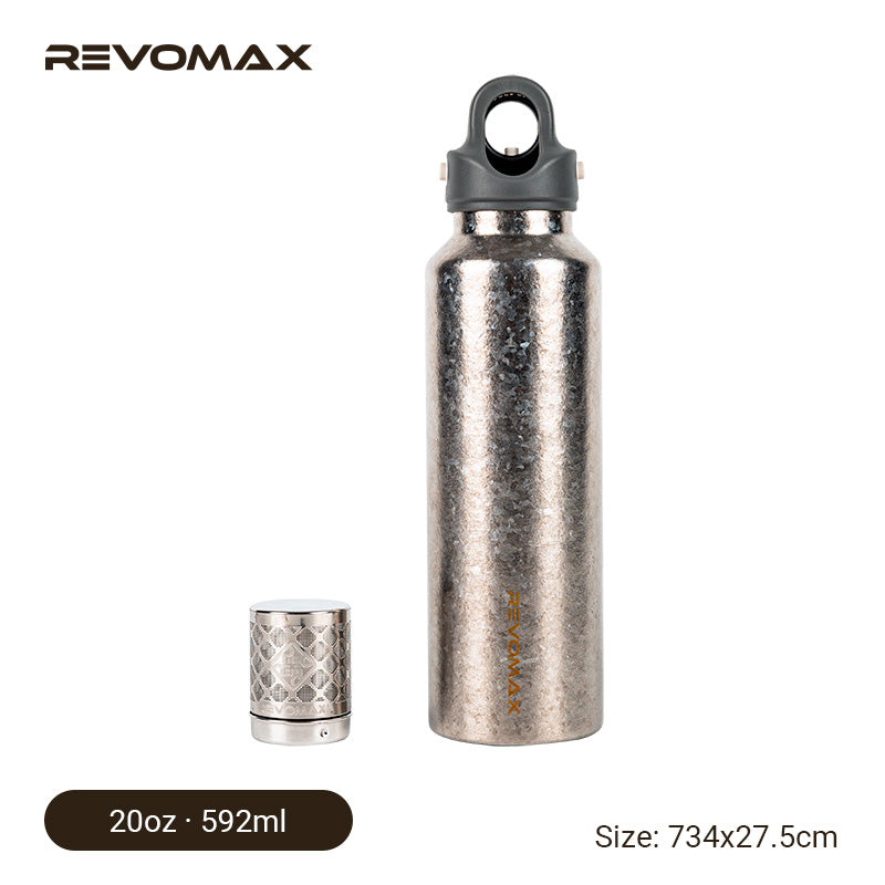 Silver 20oz REVOMAX titanium bottle with its separate stainless steel tea compartment