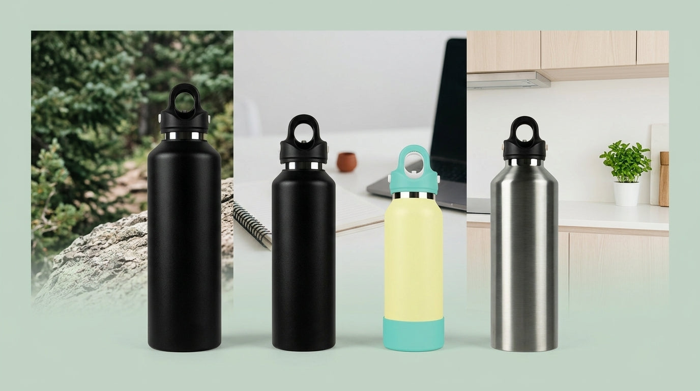 Four Hikesity 316L medical-grade insulated water bottles — 20oz, 32oz, 16oz custom and 20oz titanium — lined up across outdoor, office and kitchen scenes
