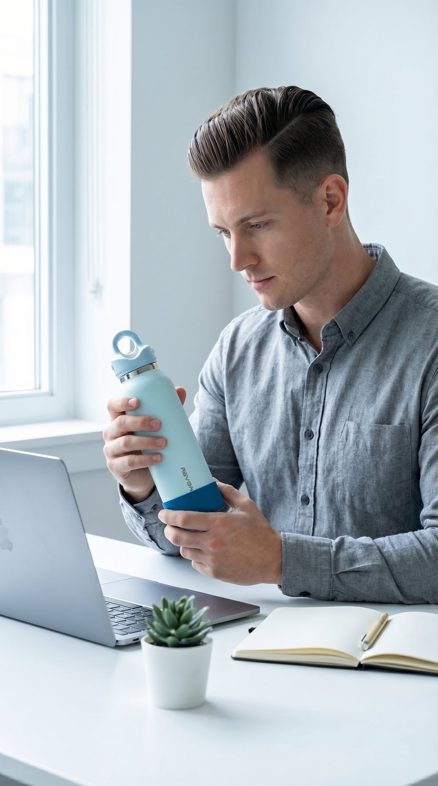 Minimalist modern WFH desk setup featuring the Coastal Breeze custom insulated water bottle