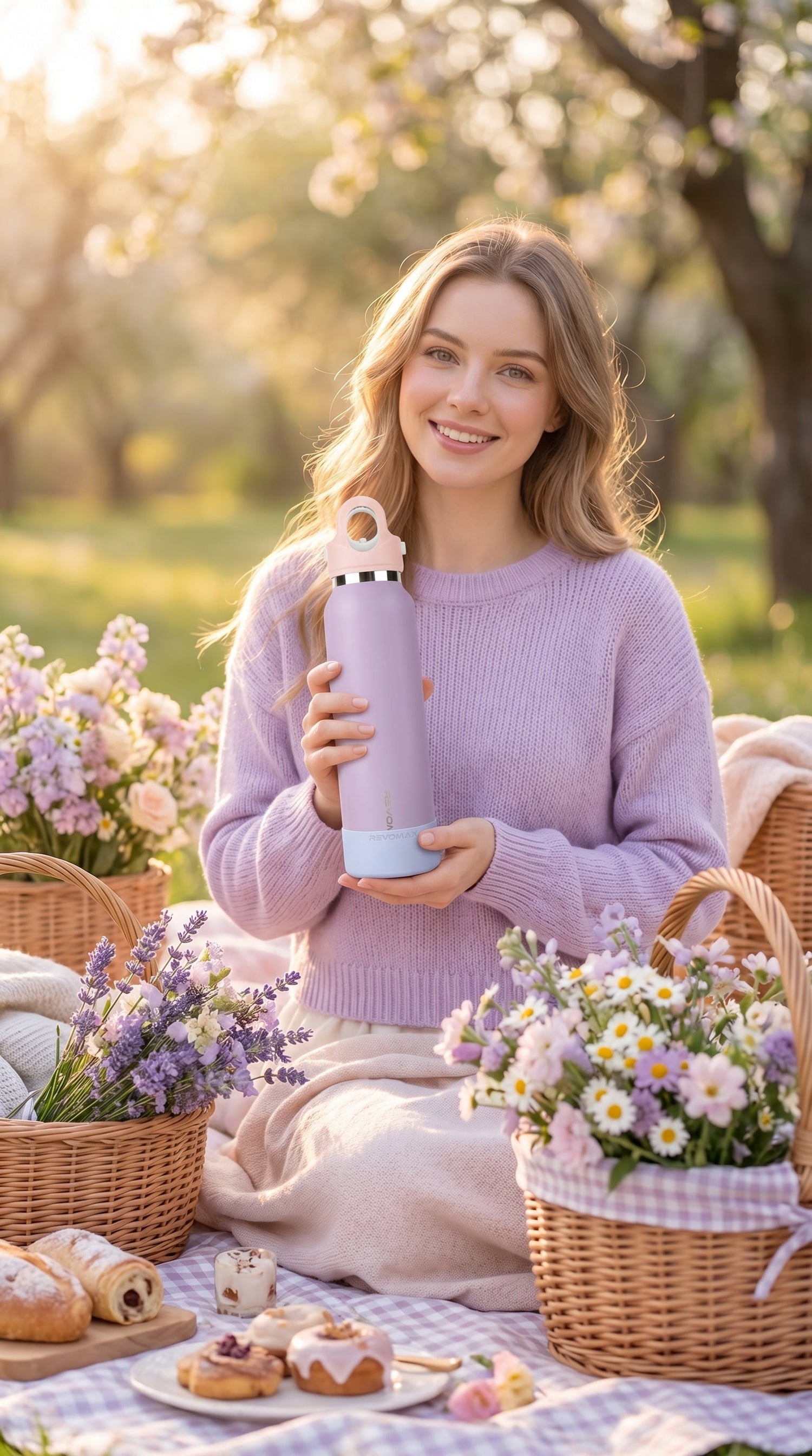 Woman at a spring picnic holding the Lavender Haze custom pastel water bottle