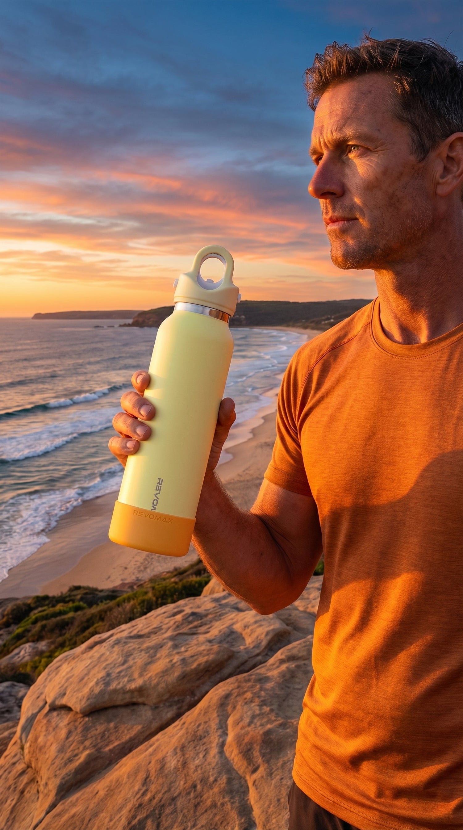 Man standing on a rock at the beach holding the Golden Hour custom insulated water bottle